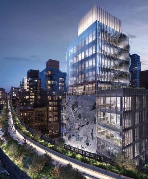 Modern architectural building at twilight near the High Line, only available at Chelsea Art Group - New York City top trusted art advisers in conceptual, drawing, painting, photography and sculpture.