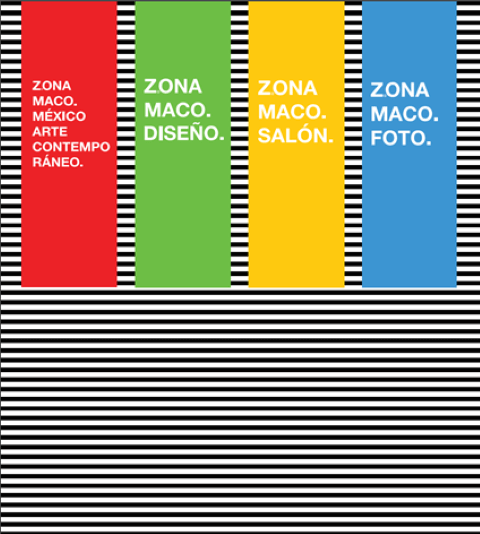 Colorful Zona Maco banners with text on striped background, available at Chelsea Art Group - New York City top trusted art advisers in conceptual art.