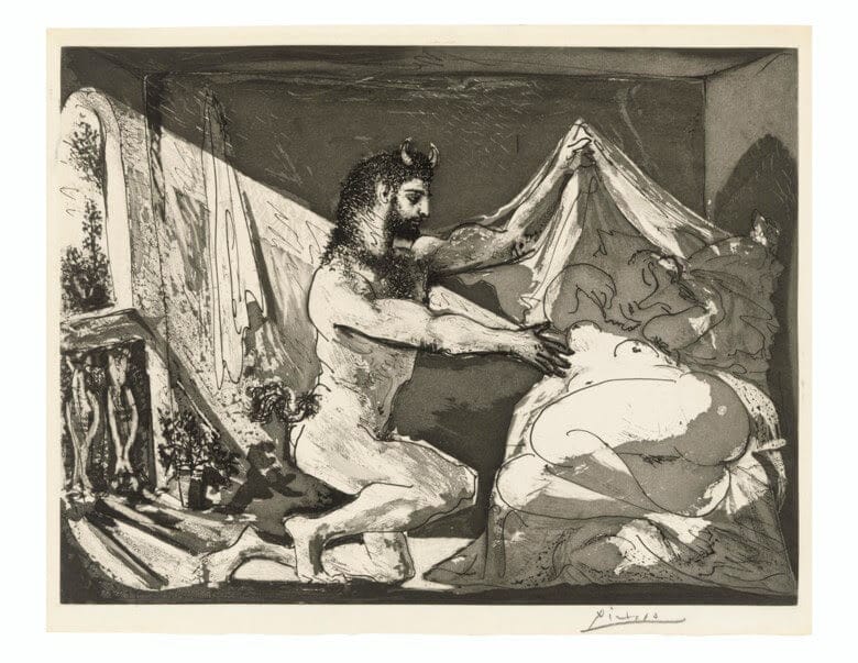 Pablo Picasso (1881-1973), Faune devoilant une femme, from La Suite Vollard. Aquatint. Plate 315 x 419 mm, Sheet 339 x 450 mm. Estimate £30,000-50,000. Offered in Prints & Multiples on 18 March 2020 at Christie’s in London