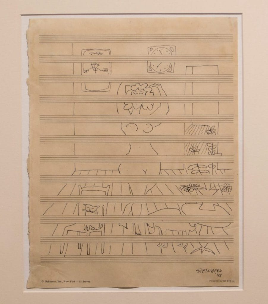Saul Steinberg
Untitled, 1948, 1948
Ink on music manuscript paper
Paper: 11 3⁄4 x 9 1⁄4 inches
Framed: 22 x 20 1⁄2 inches