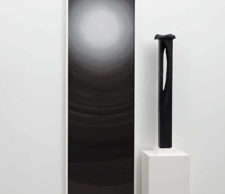 Anthony Pearson b.1969 Untitled (Flare Arrangement) 2009 bronze sculpture with cobalt on bismuth patina, base, pedestal, framed color photograph 81 h × 48 w × 15 d in 206 × 122 × 38 cm $ 16,000