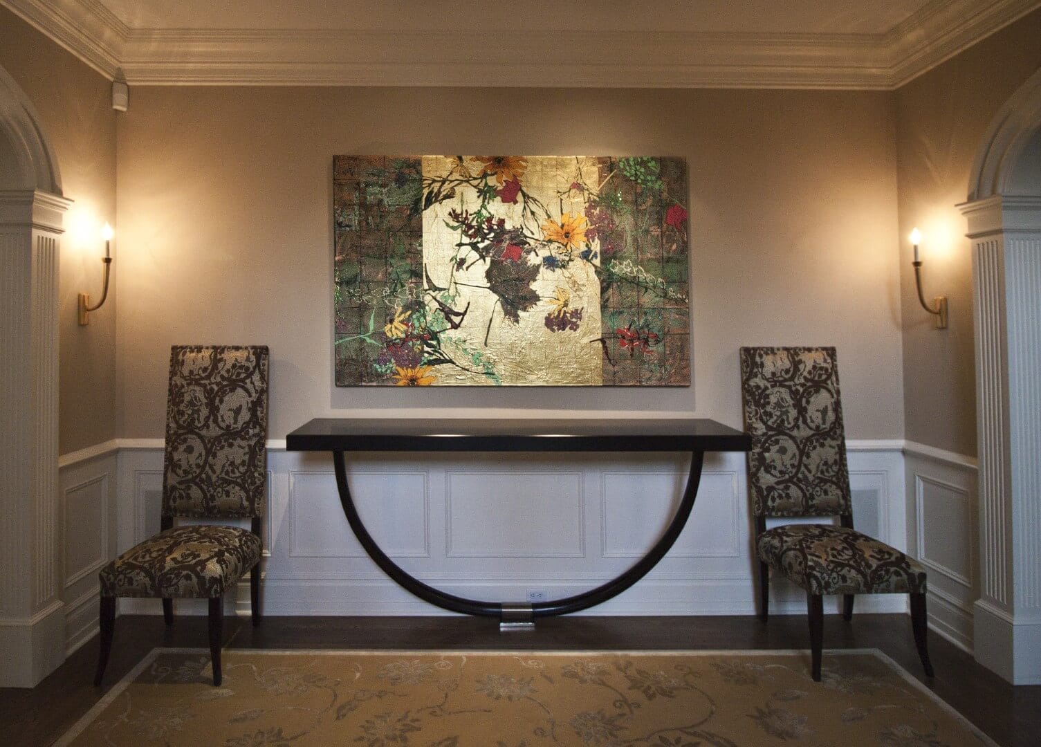 Elegant NJ entryway with floral artwork and ornate chairs, available at Chelsea Art Group - New York City top trusted art advisers in conceptual and fine art.