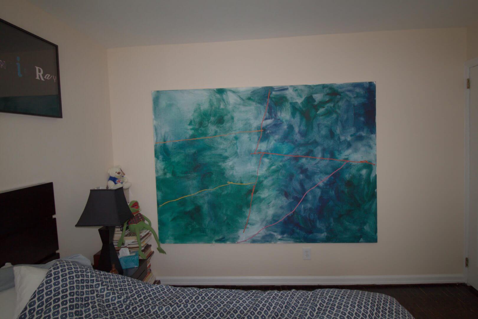 Abstract painting with blue and green hues on a wall, showcased by Chelsea Art Group - New York City top trusted art advisers in conceptual art.