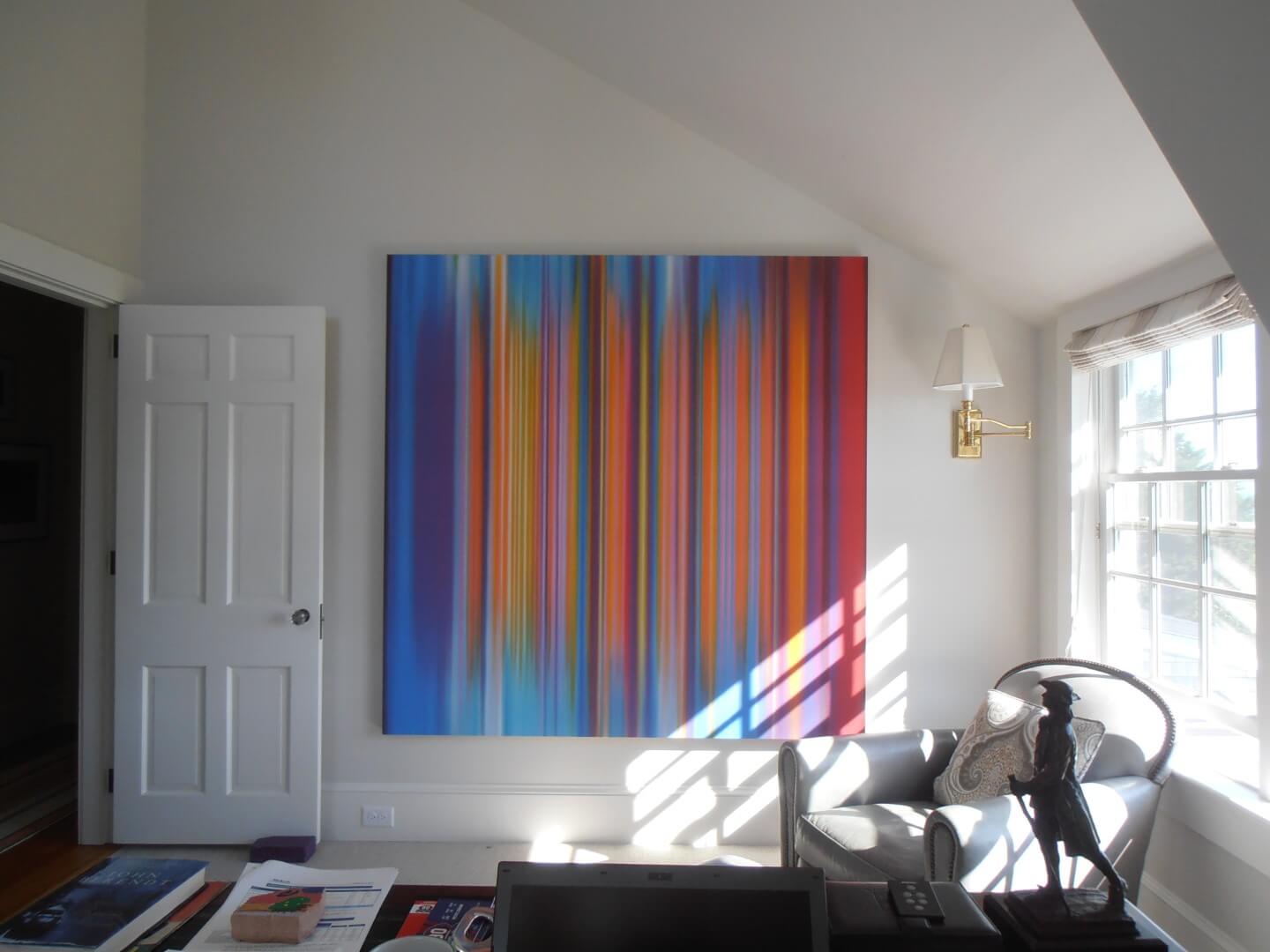 Vibrant abstract painting with vertical stripes in a modern room, only available at Chelsea Art Group - New York City top trusted art advisers in conceptual, drawing, painting, photography and sculpture.
