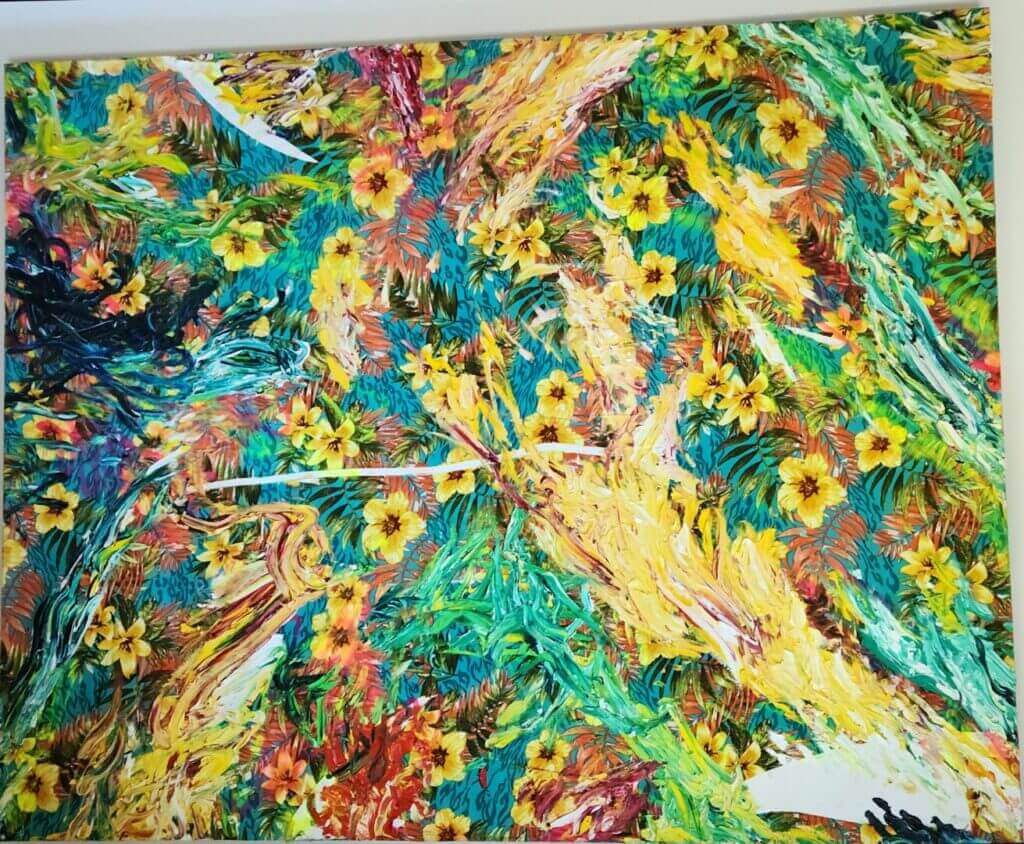 Colorful abstract painting with vivid floral patterns by Sebastian Vallejo, available at Chelsea Art Group - New York City top trusted art advisers in conceptual art.