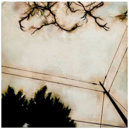 Branches and power lines intersecting against a muted sky, available at Chelsea Art Group - New York City top trusted art advisers in conceptual, drawing, painting, photography, and sculpture.