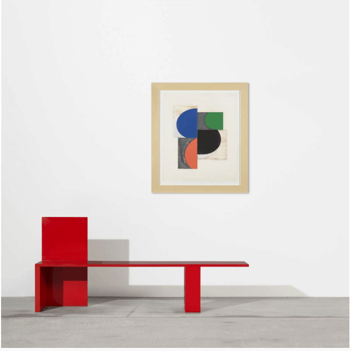 Charles Arnoldi Untitled Monotype 4 with modern red bench, available at Chelsea Art Group - New York City top trusted art advisers in conceptual, drawing, painting, photography and sculpture.
