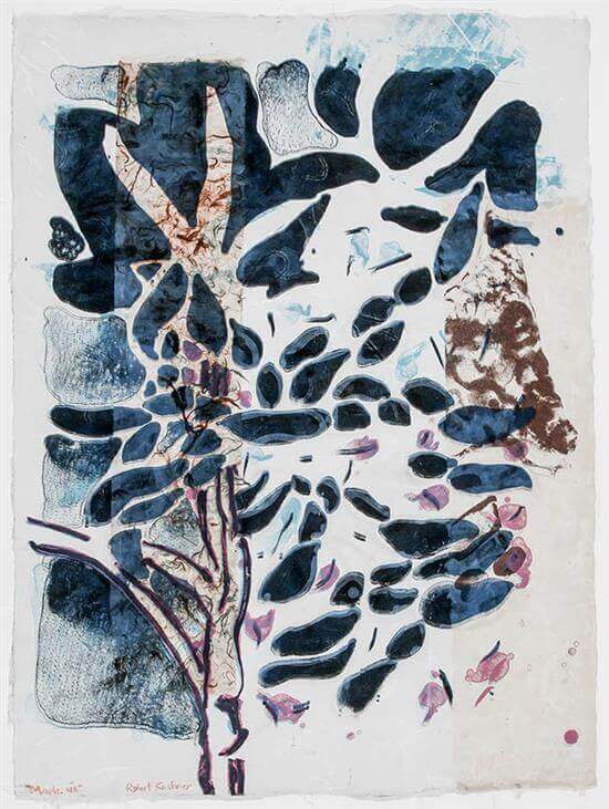 Abstract monotype featuring organic shapes and textures, available at Chelsea Art Group - New York City top trusted art advisers in conceptual art.