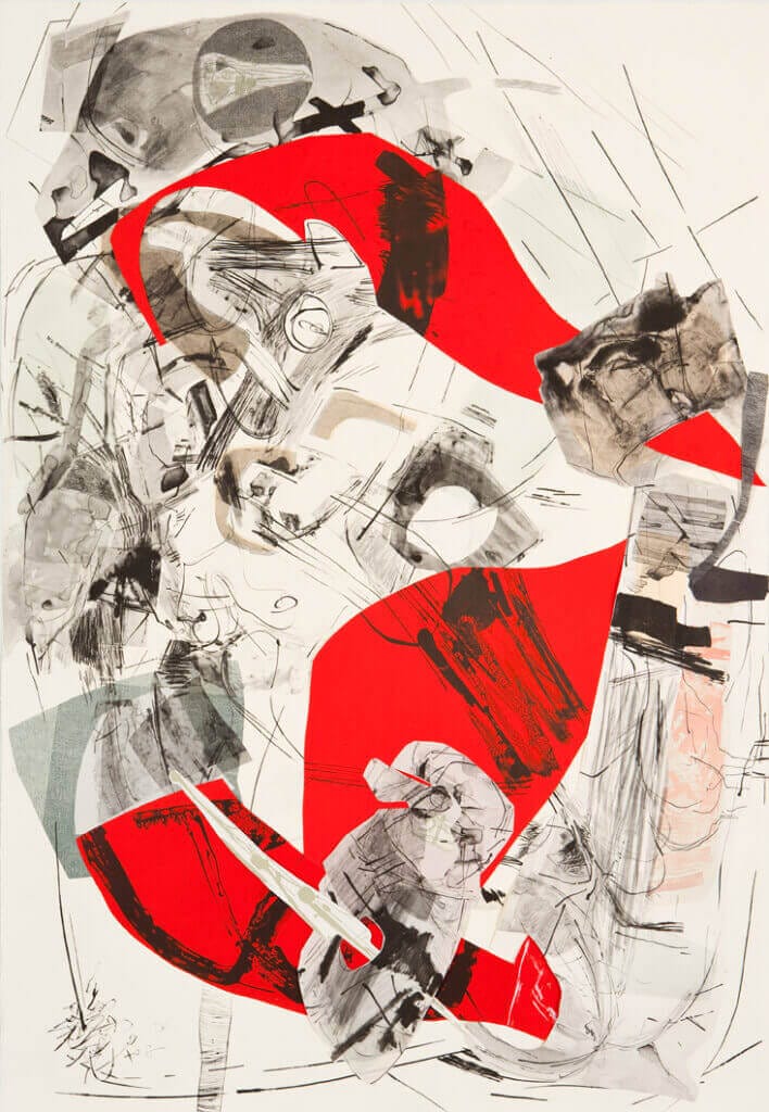 Abstract art with red and grayscale elements, only available at Chelsea Art Group - New York City top trusted art advisers in conceptual, drawing, painting, photography and sculpture.