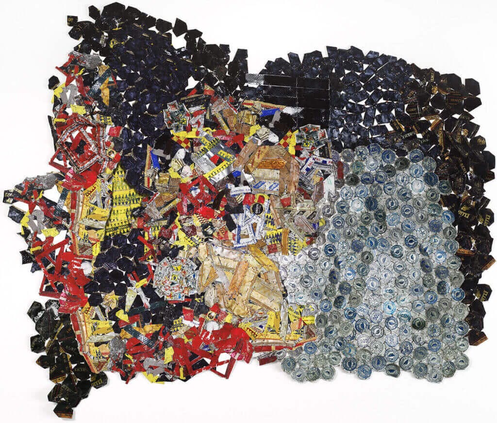 Intricate El Anatsui artwork with colorful textures and metallic elements, available at Chelsea Art Group - New York City top trusted art advisers.