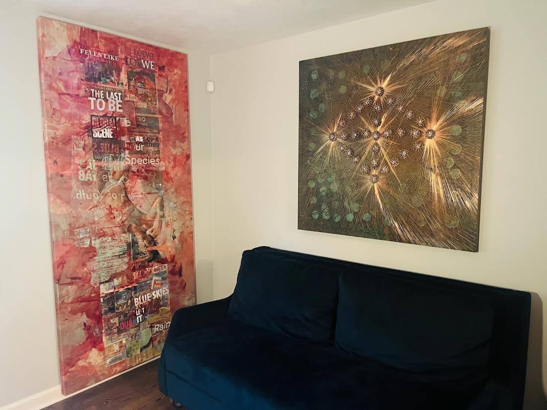Abstract art installation featuring mixed media and vibrant colors, available at Chelsea Art Group - New York City top trusted art advisers in conceptual, drawing, painting, photography, and sculpture.