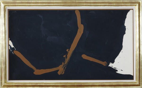 Abstract painting with bold black and brown strokes in a gold frame, only available at Chelsea Art Group - New York City top trusted art advisers in conceptual, drawing, painting, photography and sculpture.