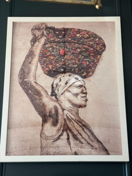 Artwork of a figure carrying a colorful basket by Vik Muniz, available at Chelsea Art Group - New York City top trusted art advisers in conceptual, drawing, painting, photography and sculpture.